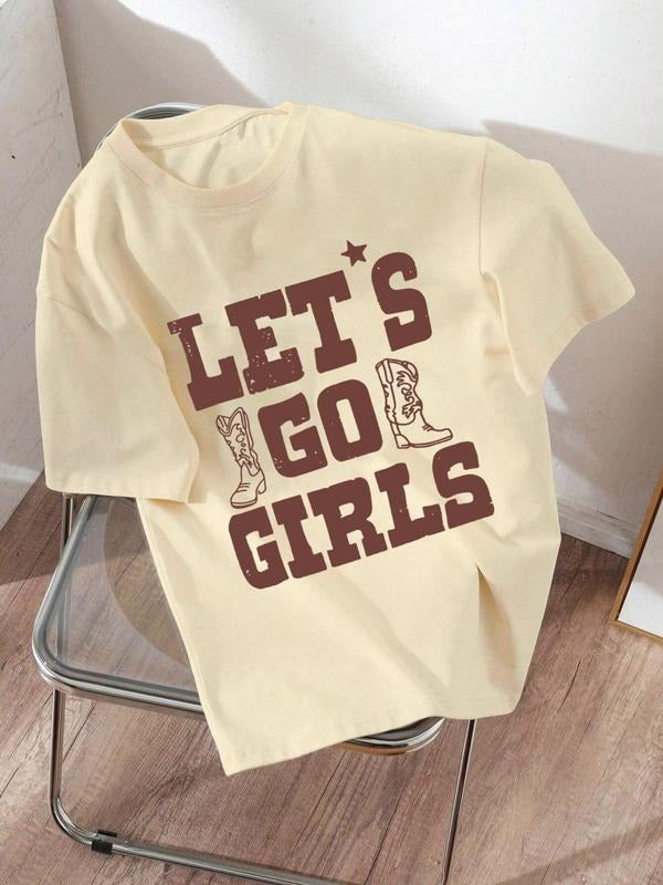 Women's Letter & Shoes Print Round Neck Tee, Vintage Trendy Casual Drop Shoulder Short Sleeve T-Shirt for Daily Wear,...