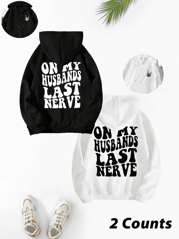 Women's Letter & Skeleton Hand Print Drop Shoulder Hoodie, Fashion Casual Drawstring Pocket Hooded Sweatshirt for Daily...