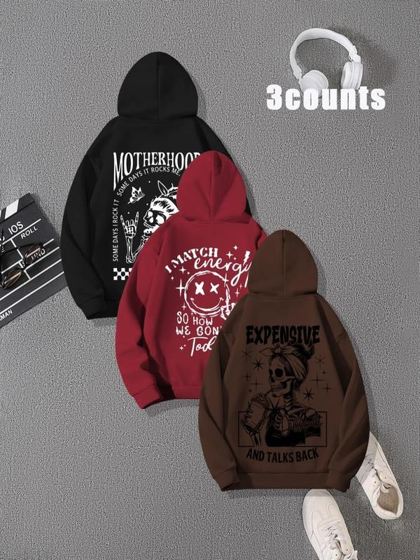 Women's Letter & Skeleton Print Drawstring Pocket Hoodie, Casual Long Sleeve Hooded Sweatshirt for Fall & Winter, Women's...