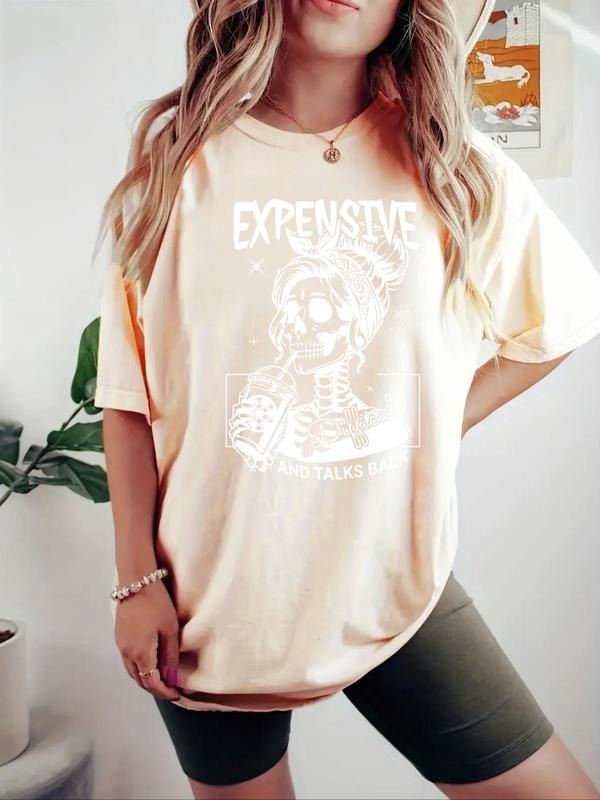 Women's Letter & Skeleton Print Round Neck Tee, Casual Short Sleeve Crew Neck T-Shirt for Summer, Fashion Women's Top for...
