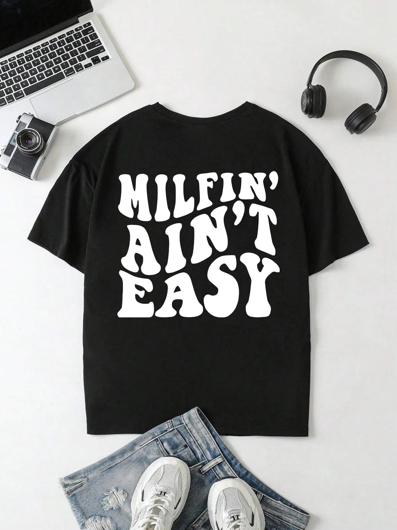 Women's Letter & Skull Hand Print Round Neck Tee, Trendy Casual Drop Shoulder Short Sleeve T-Shirt for Daily Wear, Ladies...