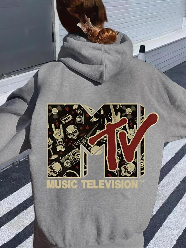 Women's Letter & Skull Print Drop Shoulder Hoodie, Fashion Casual Drawstring Pocket Hooded Sweatshirt for Daily Holiday...