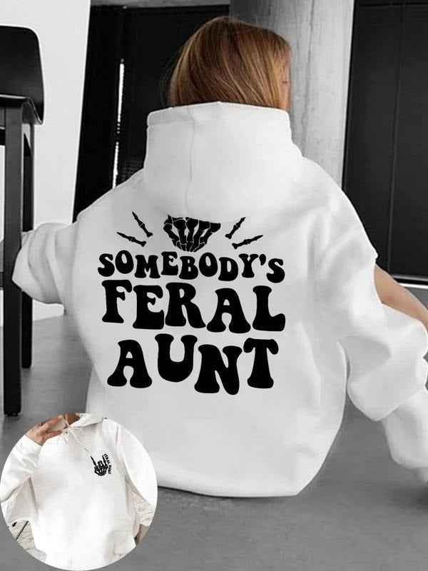 Women's Letter & Skull Print Drop Shoulder Hoodie, Fashion Casual Drawstring Pocket Hooded Sweatshirt for Daily Holiday...