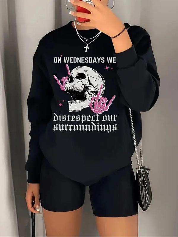 Women's Letter & Skull Print Drop Shoulder Sweatshirt, Casual Long Sleeve Pullover for Daily Wear, Ladies Clothes for All...
