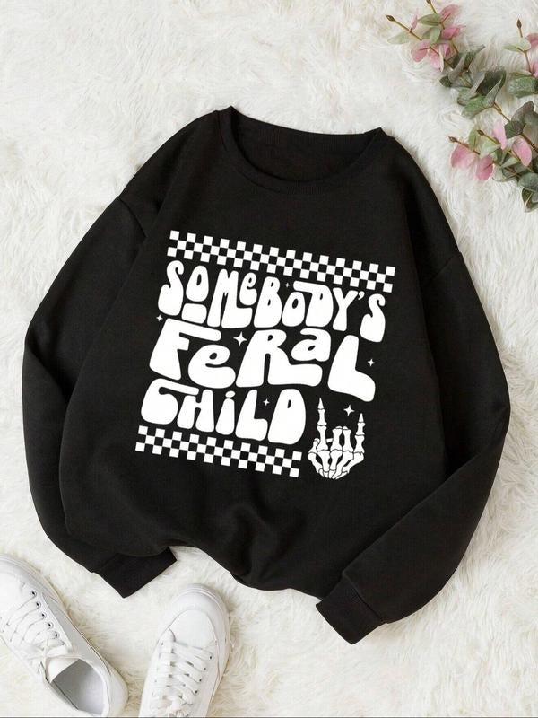 Women's Letter & Skull Print Drop Shoulder Sweatshirt, Casual Long Sleeve Round Neck Pullover for Fall & Winter, Women's...