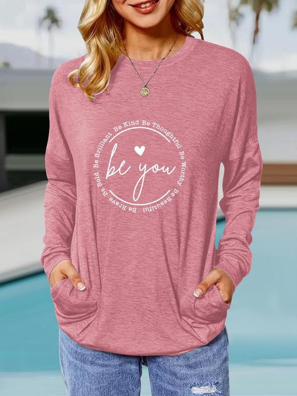 Women's Letter & Slogan Print Drop Shoulder Tee, Casual Long Sleeve Round Neck Pocket T-shirt for Fall & Winter, Women's...