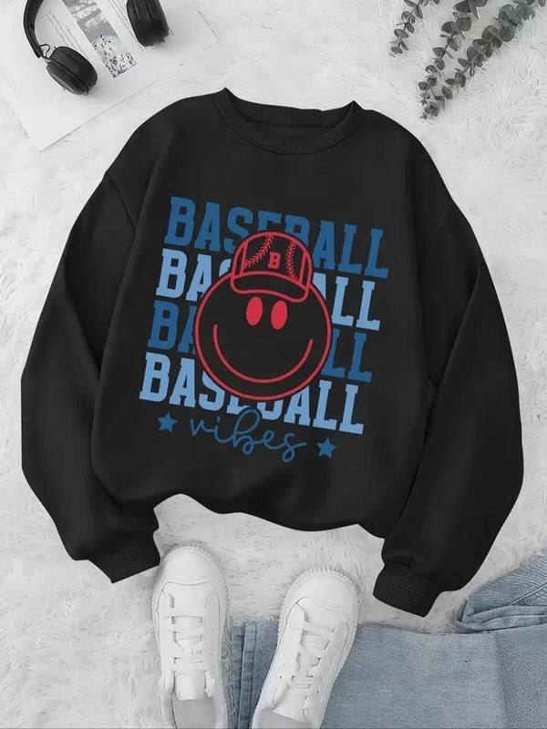 Women's Letter & Smile Face Print Crew Neck Sweatshirt, Casual Long Sleeve Pullover, Women's Fall & Winter Clothes for...