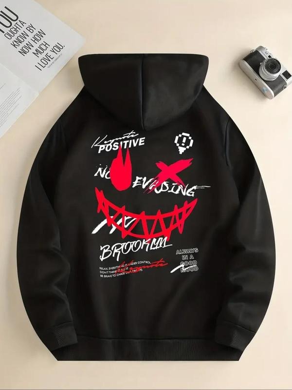 Women's Letter & Smile Face Print Hoodie, Casual Comfy Pullover Hooded Sweatshirt for Daily Wear, Ladies Clothes for All...