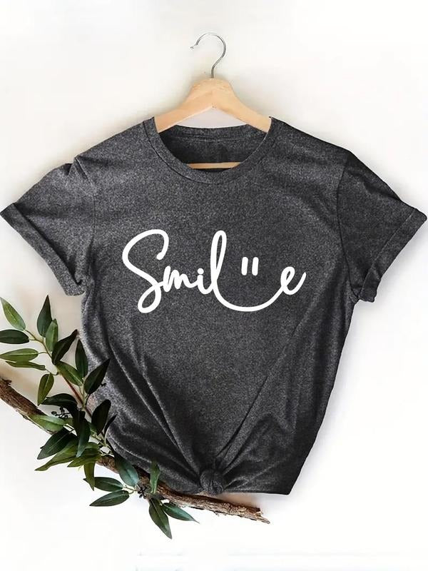 Women's Letter & Smile Face Print Round Neck Tee, Casual Short Sleeve Crew Neck T-Shirt for Summer, Fashion Women's Top...