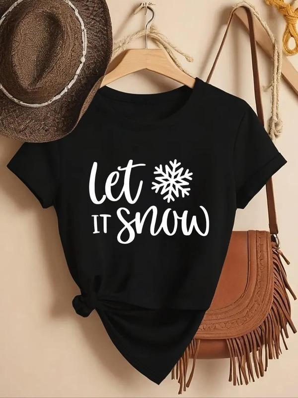 Women's Letter & Snowflake Print Round Neck Tee, Casual Short Sleeve Crew Neck T-shirt for Summer, Fashion Women's Top...