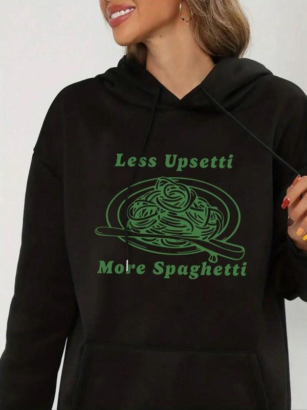Women's Letter & Spaghetti Print Drop Shoulder Hoodie, Fashion Casual Drawstring Pocket Hooded Sweatshirt for Daily...