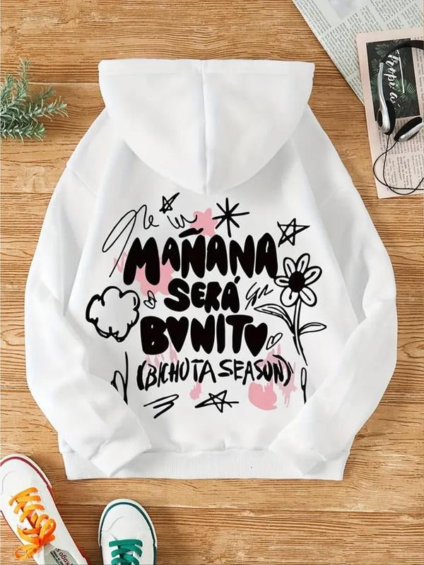 Women's Letter & Star Print Drawstring Hoodie, Casual Long Sleeve Hooded Sweatshirt for Fall & Winter, Women's Clothes...