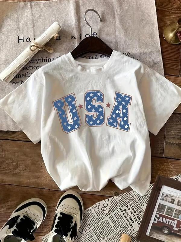 Women's Letter & Star Print Round Neck Tee, Casual Short Sleeve Crew Neck T-Shirt for Summer, Fashion Women's Top for...