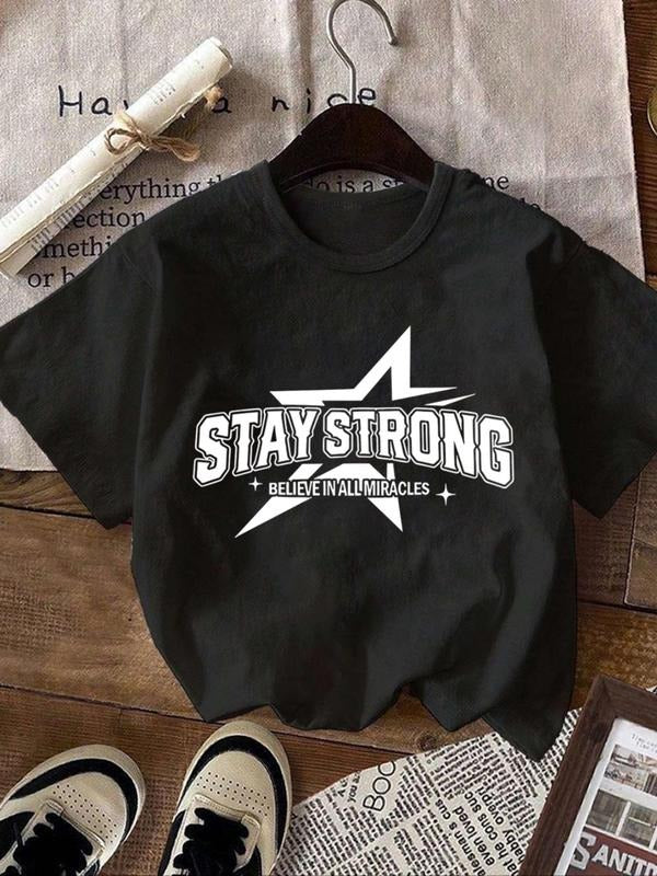 Women's Letter & Star Print Round Neck Tee, Street Fashion Casual Short Sleeve T-Shirt for Daily Wear, Ladies Summer...
