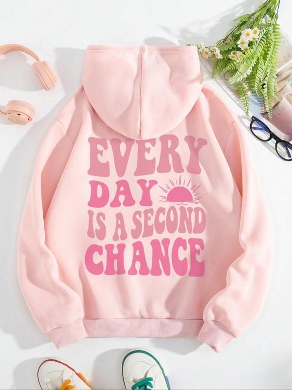 Women's Letter & Sun Print Drop Shoulder Drawstring Hoodie, Fashion Casual Kangaroo Pocket Hooded Sweatshirt for Daily...