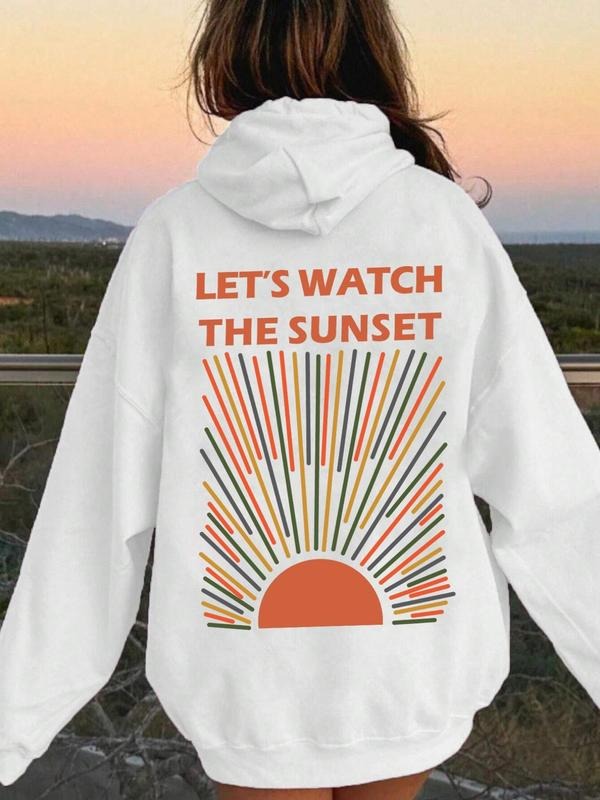 Women's Letter & Sun Print Drop Shoulder Hoodie, Fashion Casual Drawstring Pocket Hooded Sweatshirt for Daily Holiday...