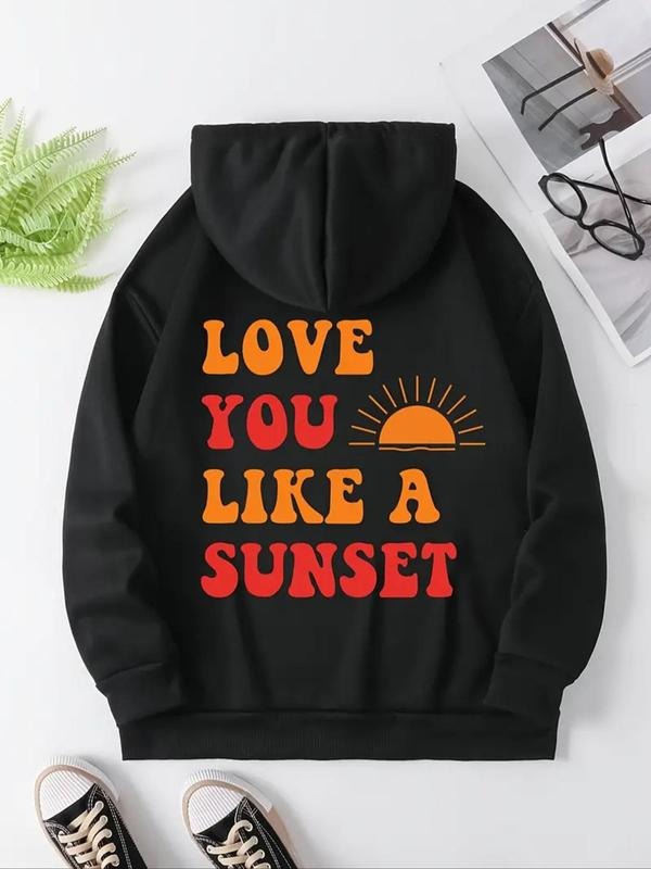 Women's Letter & Sun Print Drop Shoulder Hoodie, Fashion Casual Drawstring Pocket Hooded Sweatshirt for Daily Holiday...