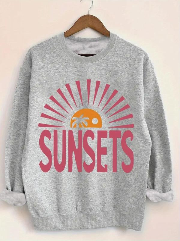 Women's Letter & Sun Print Drop Shoulder Sweatshirt, Casual Long Sleeve Round Neck Pullover for Fall & Winter, Women's...