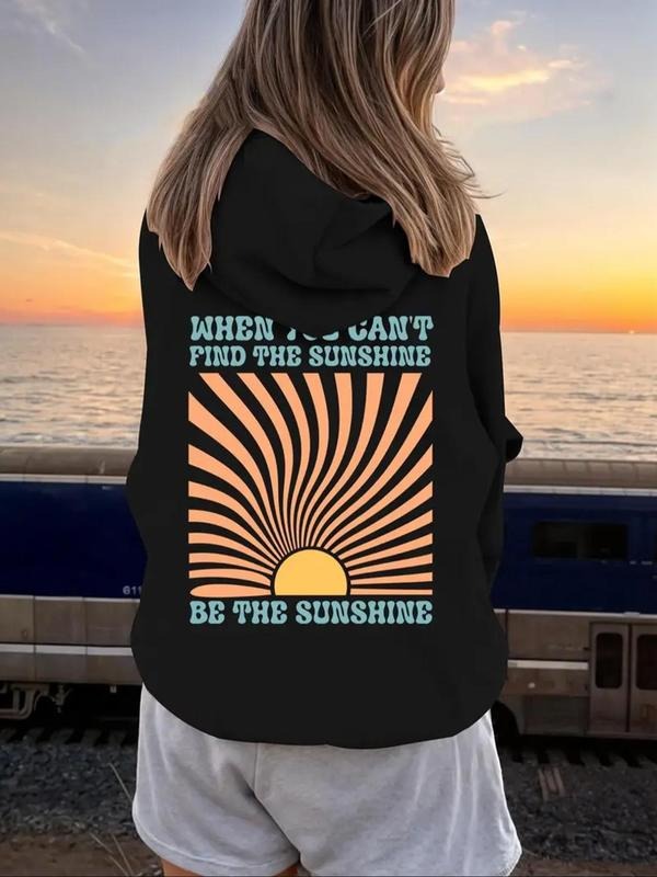Women's Letter & Sun Print Drop Shoulder Velvet Hoodie, Fashion Casual Drawstring Pocket Hooded Sweatshirt for Daily...