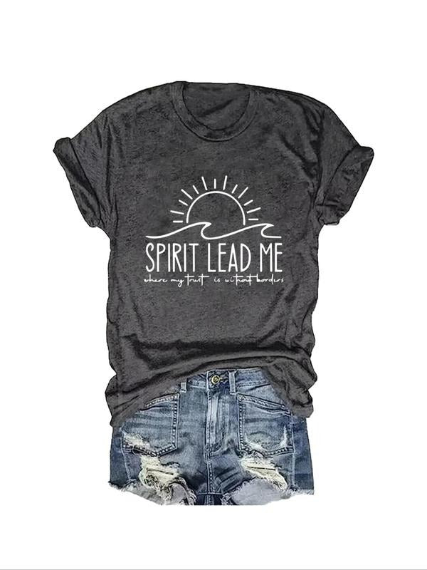 Women's Letter & Sun Print Round Neck Tee, Casual Short Sleeve Crew Neck T-shirt, Ladies Summer Outfit Hoodie, Sweatshirt