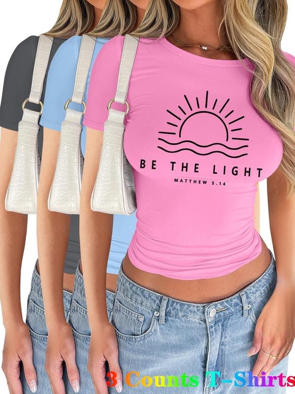 Women's Letter & Sun Print Short Sleeve Tee, Casual Round Neck T-shirt for Summer, Women's Top for Daily Wear Hoodie,...