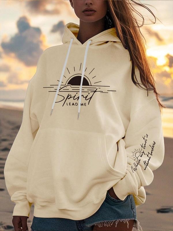Women's Letter & Sunrise Print Drop Shoulder Thermal Lined Hoodie, Fashion Casual Drawstring Pocket Hooded Sweatshirt for...