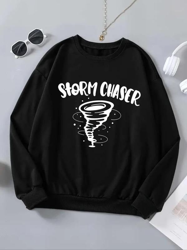 Women's Letter & Tornado Print Crew Neck Sweatshirt, Casual Long Sleeve Pullover, Women's Fall & Winter Clothes for Daily...