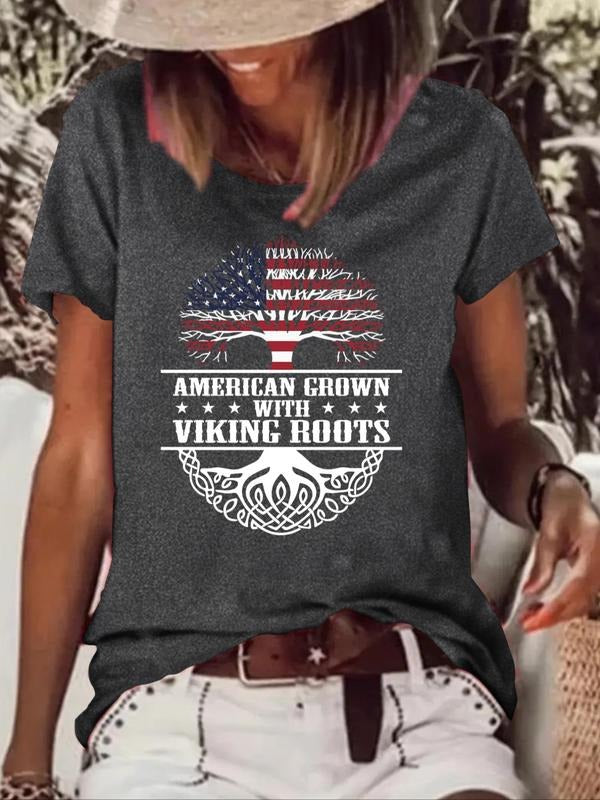 Women's Letter & Tree Print Crew Neck Tee, Trendy Flag Graphic Short Sleeve T-Shirt for Daily Wear, Ladies Summer Outfit...