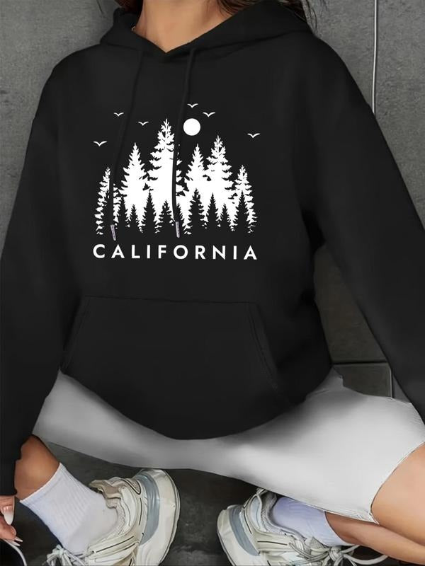 Women's Letter & Tree Print Drop Shoulder Hoodie, Fashion Casual Drawstring Pocket Hooded Sweatshirt for Daily Holiday...