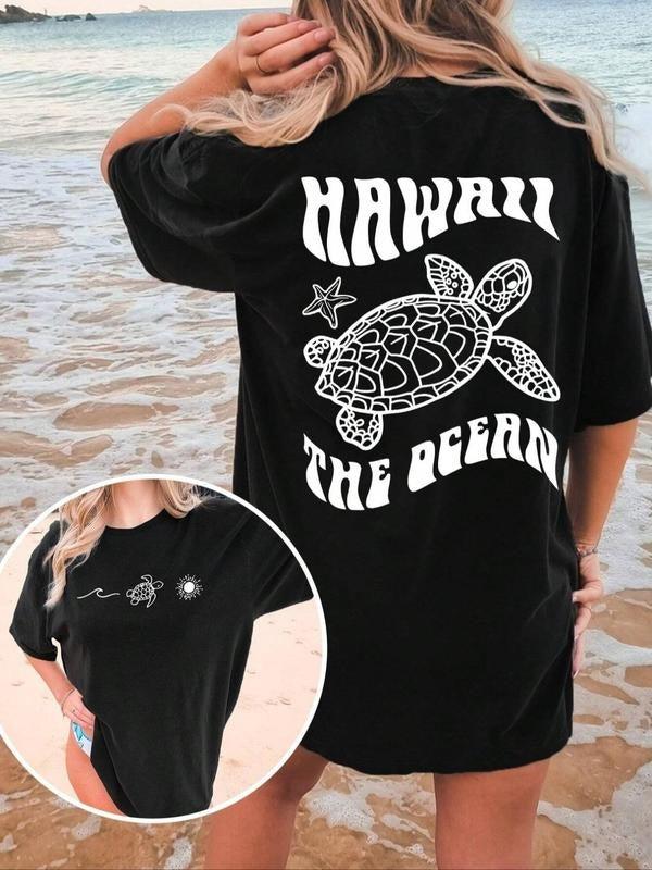Women's Letter & Turtle Print Drop Shoulder Tee, Casual Half Sleeve Round Neck T-Shirt for Summer, Fashion Women's Top...