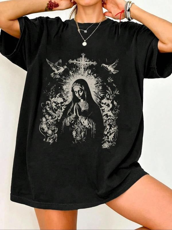 Women's Letter & Virgin Mary Print Round Neck Tee, Vintage Trendy Casual Short Sleeve T-shirt for Daily Wear, Ladies...