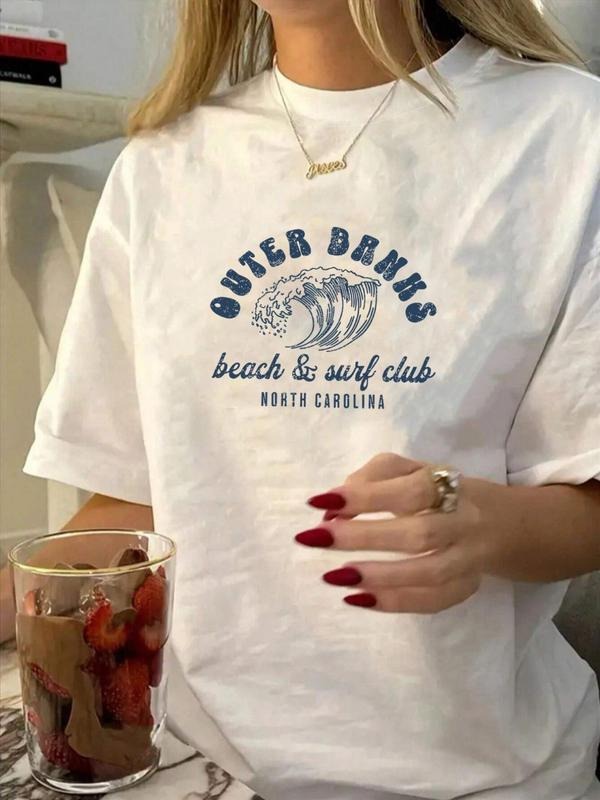 Women's Letter & Wave Print Round Neck Tee, Casual Short Sleeve Crew Neck T-shirt for Summer, Fashion Women's Top for...