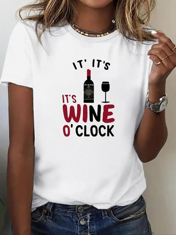 Women's Letter & Wine Print Round Neck Tee, Casual Crew Neck Short Sleeve T-shirt, Ladies Summer Outfit for Daily Wear...