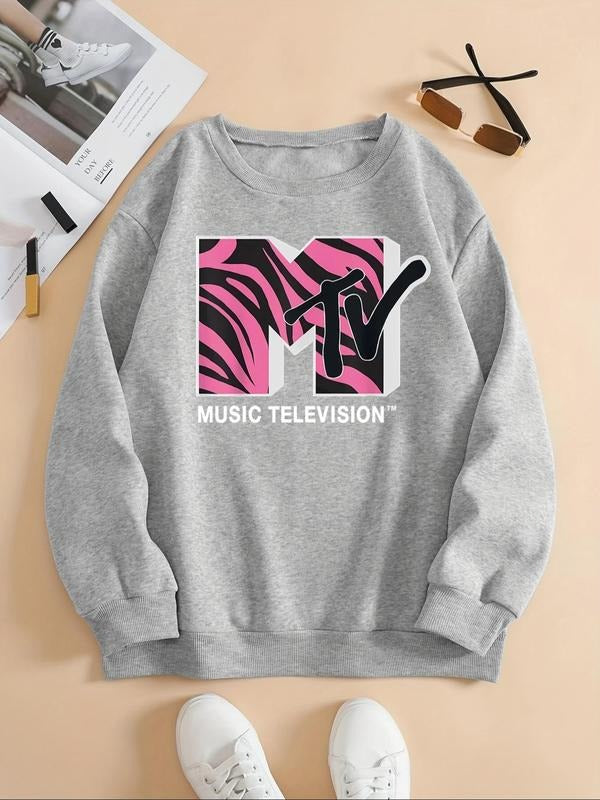 Women's Letter & Zebra Stripe Print Drop Shoulder Sweatshirt, Casual Long Sleeve Round Neck Pullover for Fall & Winter,...