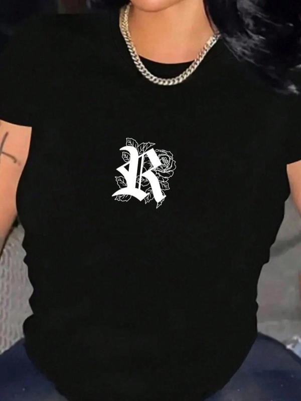 Women's Letter "R" & Rose Print Round Neck Tee, Fashion Casual Short Sleeve T-shirt, Ladies Summer Clothes for Daily Wear...