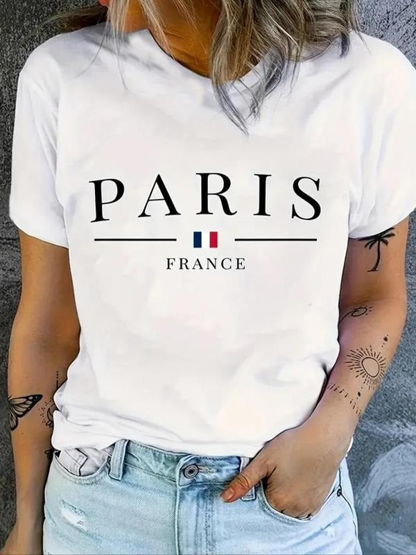 Women's Letter French Flag Print Round Neck Tee, Fashion Casual Short Sleeve T-shirt for Daily Outdoor Wear, Ladies...