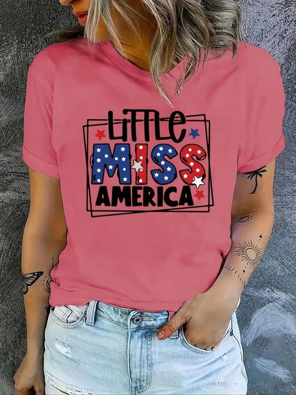 Women's Letter Geometric Star Print Round Neck Tee, Casual Short Sleeve T-shirt for Summer, Ladies Clothes for Daily Wear...