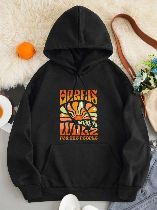 Women's Letter Graphic Print Drawstring Pocket Hoodie, Casual Drop Shoulder Long Sleeve Hooded Sweatshirt, Ladies Fall &...