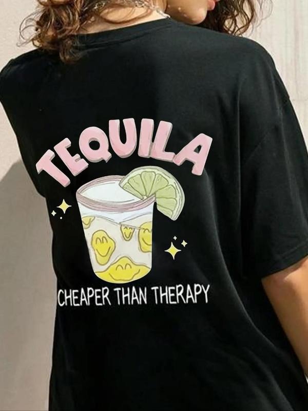 Women's Letter Graphic Round Neck Tee, Casual Drop Shoulder Half Sleeve T-Shirt for Summer, Ladies Clothes for Daily Wear...
