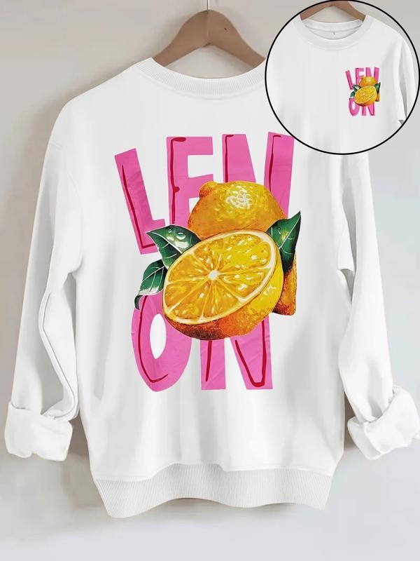Women's Letter Lemon Pattern Round Neck Sweatshirt, Casual Fitted Pullover, Medium Stretch, All-Season Comfort T-Shirts,...