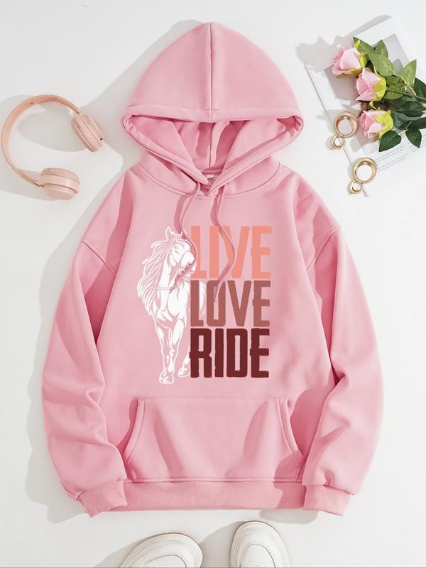 Women's Letter Pattern Drawstring Hooded Sweatshirt, Loose Fit Long Sleeve Casual Top, Fall & Winter Graduation Clothing...