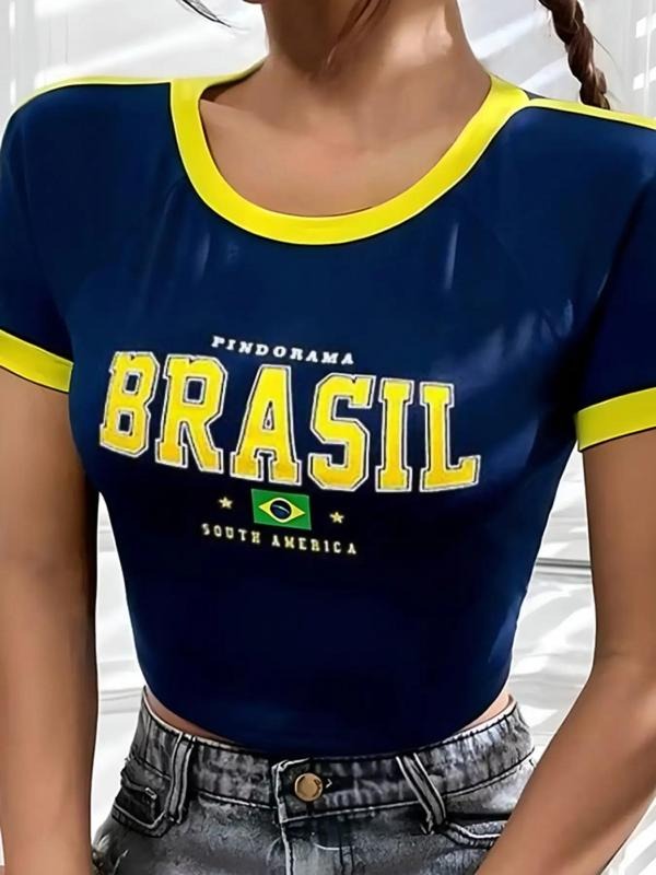 Women's Letter Print Contrast Binding Raglan Sleeve Crop Tee, Vintage Trendy Casual Graphic Short Sleeve Round Neck...