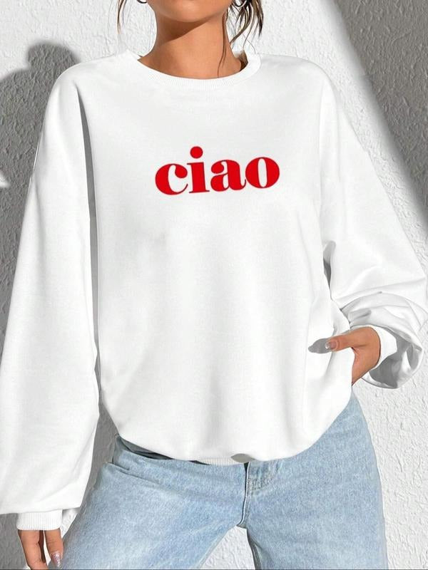 Women's Letter Print Crew Neck Sweatshirt, Casual Drop Shoulder Long Sleeve Pullover, Women's Fall & Winter Clothes for...