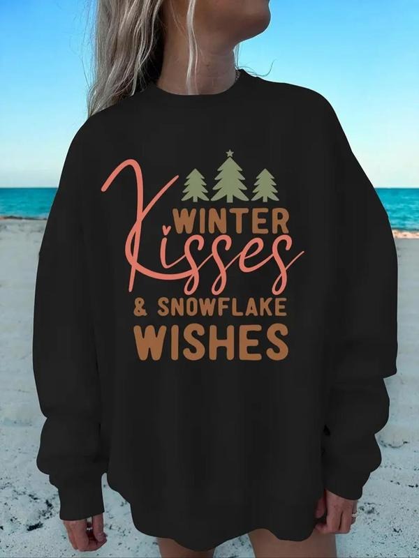 Women's Letter Print Crew Neck Sweatshirt, Casual Long Sleeve Pullover for All Seasons, Women's Top for Daily Wear...