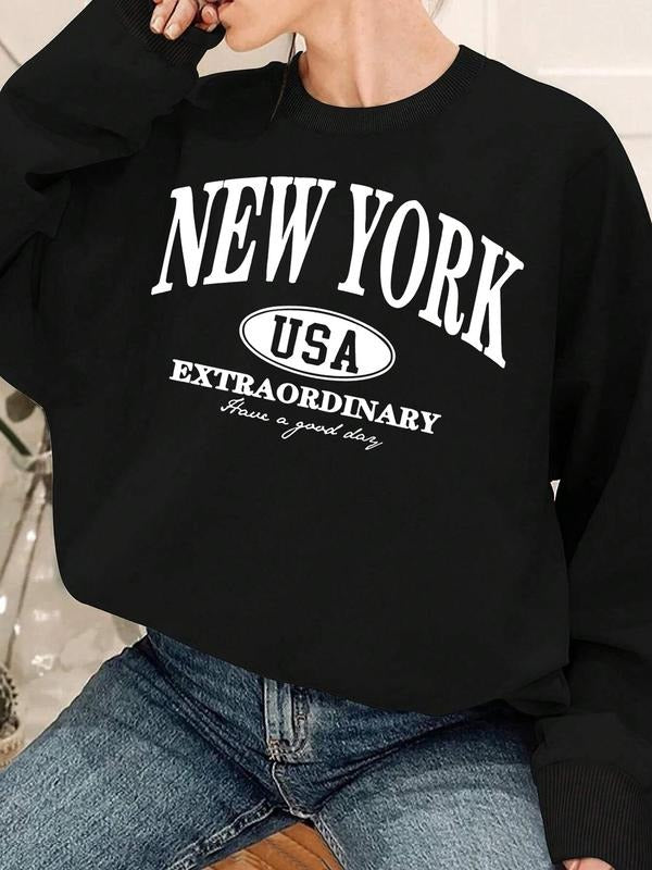 Women's Letter Print Crew Neck Sweatshirt, Casual Long Sleeve Thermal Lined Pullover for Fall & Winter, Women's Clothes...