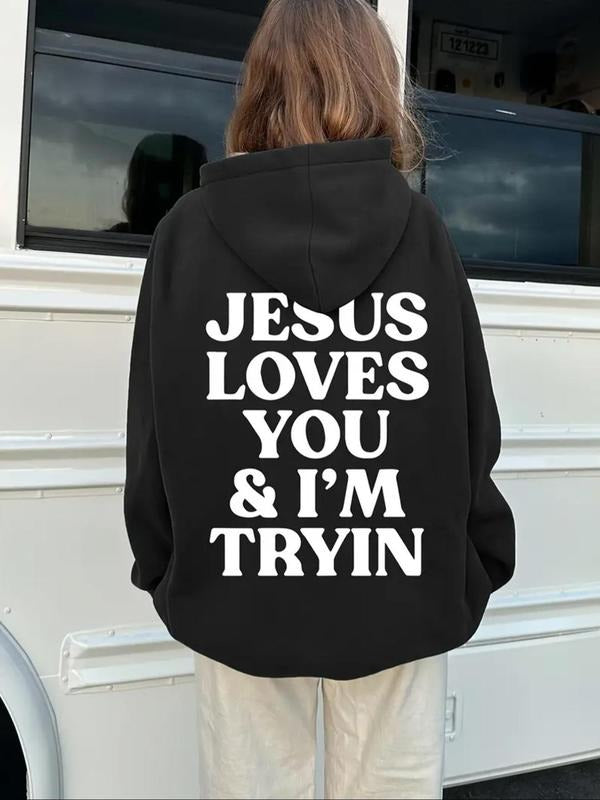 Women's Letter Print Drawstring Pocket Hoodie, 2024 New Style Casual Long Sleeve Hooded Sweatshirt for Fall & Winter,...