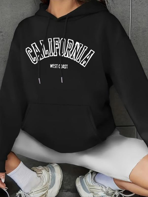 Women's Letter Print Drawstring Pocket Hoodie, Casual Drop Shoulder Long Sleeve Hooded Sweatshirt, Ladies Fall & Winter...