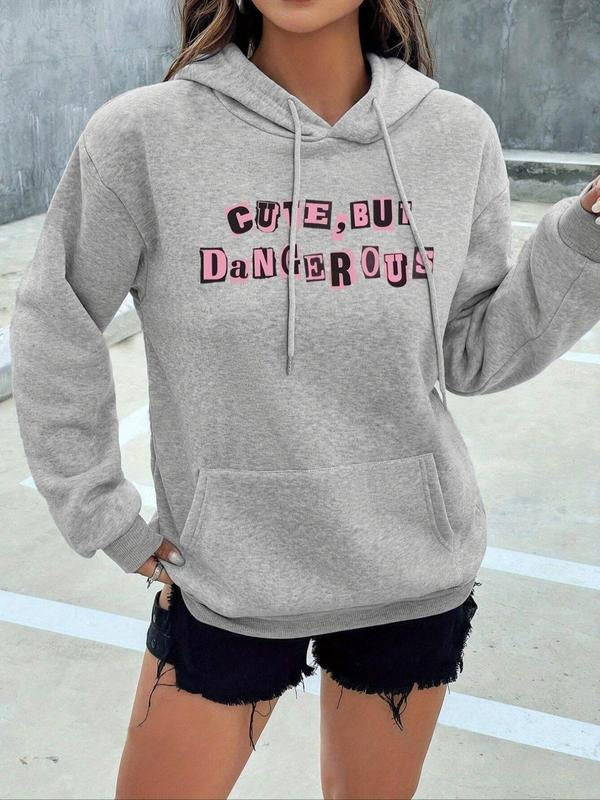 Women's Letter Print Drawstring Pocket Hoodie, Casual Drop Shoulder Long Sleeve Hooded Sweatshirt, Ladies Fall & Winter...