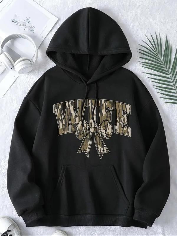 Women's Letter Print Drawstring Pocket Hoodie, Casual Drop Shoulder Long Sleeve Hooded Sweatshirt, Ladies Fall & Winter...