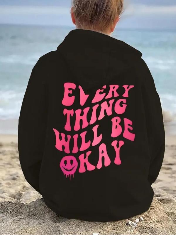 Women's Letter Print Drawstring Pocket Hoodie, Casual Long Sleeve Hooded Sweatshirt for Fall & Winter, Women's Clothes...